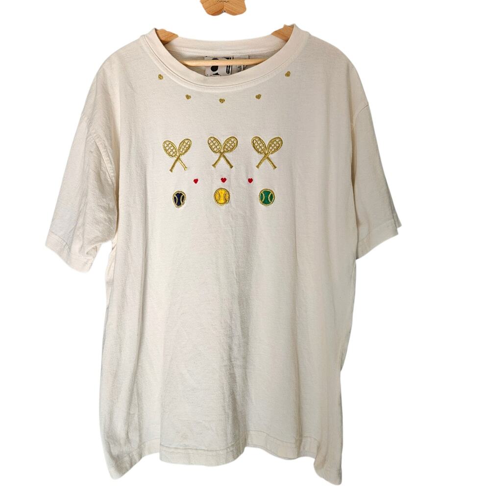 Vintage Ac-tiv-ology T-shirt Embroidered Tennis Rackets Balls Hearts Gold Red XL